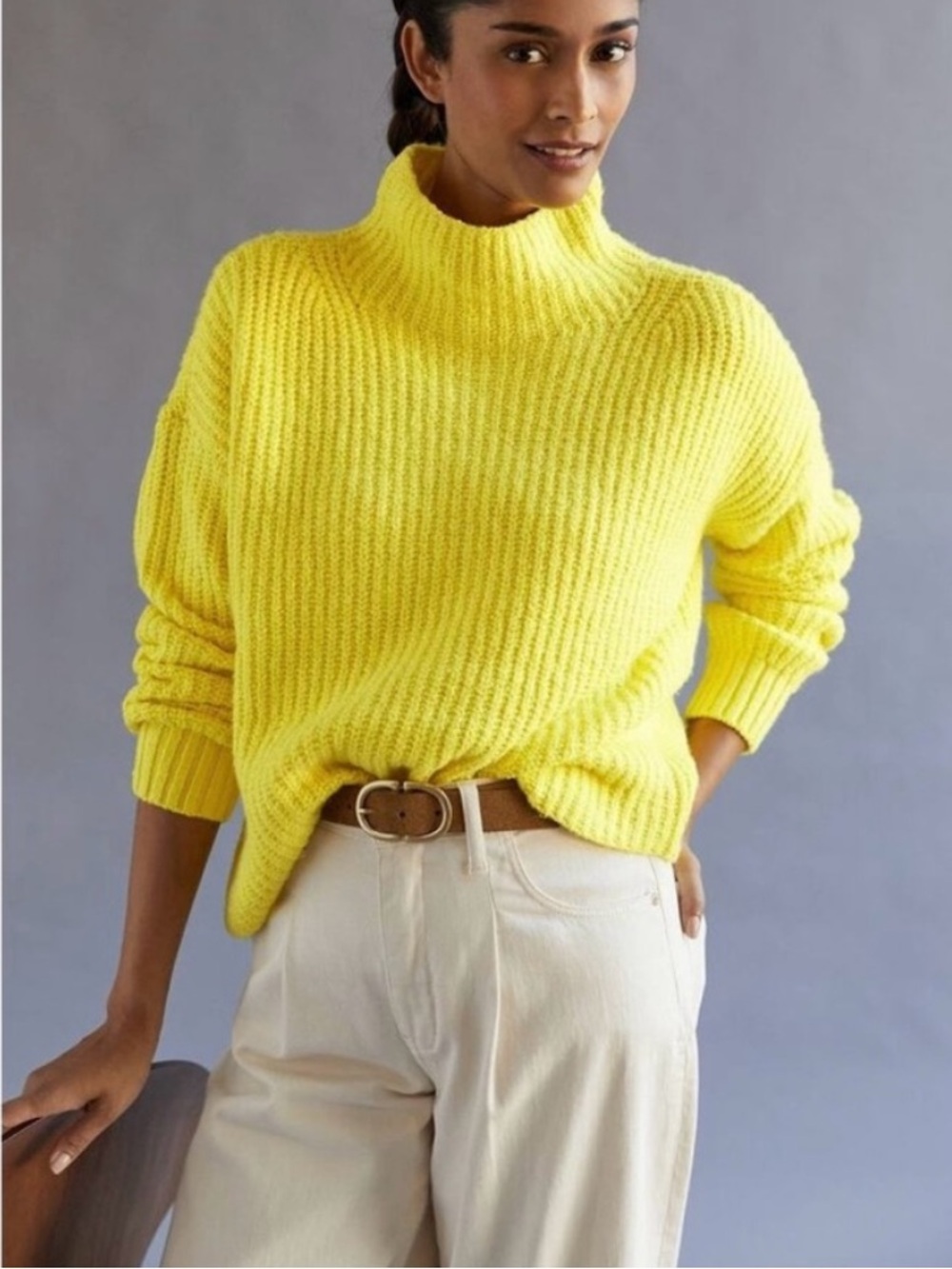 Anthropologie Maeve electric yellow funnel neck sweater mini skirt set wool yak - Picture 13 of 14